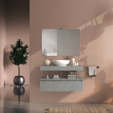 Mobile bagno sospeso 100 cm in legno color cemento chiaro, lavabo, specchio e faretto a led I Made in Italy