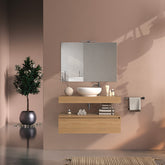 Mobile bagno sospeso 100 cm in legno color rovere americano, lavabo, specchio e faretto a led I Made in Italy