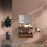 Mobile bagno sospeso 80 cm in legno color noce, lavabo, specchio e faretto a led I Made in Italy