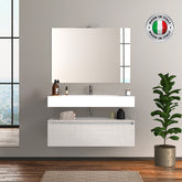 Mobile da bagno sospeso 100 cm in legno color bianco frassino con lavabo, specchio e faretto a led I Made in Italy