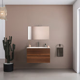 Mobile bagno sospeso 60 cm salvaspazio in legno color noce con lavabo, specchio e faretto a led I Made in Italy