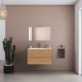 Mobile bagno sospeso 60 cm salvaspazio in legno color rovere americano con lavabo, specchio e faretto a led I Made in Italy