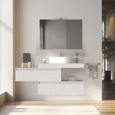 Mobile bagno sospeso sfalsato 100 cm in legno color bianco frassino con 2 cassettoni, lavabo, specchio e faretto a led I Made in Italy,
