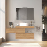 Mobile bagno sospeso sfalsato 100 cm in legno color rovere americano con 2 cassettoni, lavabo, specchio e faretto a led I Made in Italy