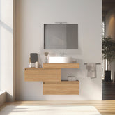 Mobile bagno sospeso sfalsato 80 cm in legno color rovere americano con 2 cassettoni, lavabo, specchio e faretto a led I Made in Italy