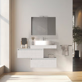 Mobile bagno sospeso sfalsato 80 cm in legno color bianco frassino con 2 cassettoni, lavabo, specchio e faretto a led I Made in Italy