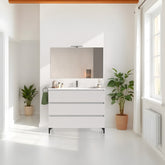 Mobile bagno a terra 100 cm in legno color bianco frassino con lavabo,specchio e led I Made in Italy