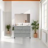 Mobile bagno a terra 100 cm in legno color cemento chiaro con lavabo,specchio e led I Made in Italy