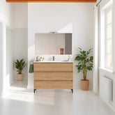 Mobile bagno a terra 100 cm in legno color rovere americano con lavabo,specchio e led I Made in Italy