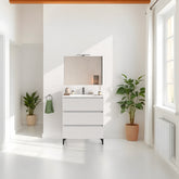 Mobile bagno a terra 80 cm in legno color bianco frassino con lavabo,specchio e led I Made in Italy