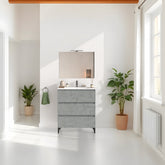 Mobile bagno a terra 80 cm in legno color cemento chiaro con lavabo,specchio e led I Made in Italy