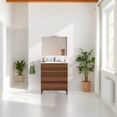 Mobile bagno a terra 80 cm in legno color noce con lavabo,specchio e led I Made in Italy