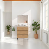 Mobile bagno a terra 80 cm in legno color rovere americano con lavabo,specchio e led I Made in Italy