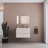 Mobile bagno sospeso 60 cm salvaspazio in legno color bianco frassino con lavabo, specchio e faretto a led I Made in Italy