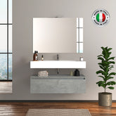 Mobile da bagno sospeso 100 cm in legno color cemento chiaro con lavabo, specchio e faretto a led I Made in Italy