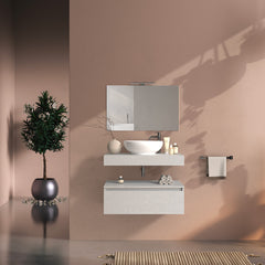Mobile bagno sospeso 80 cm in legno color bianco frassino, lavabo, specchio e faretto a led I Made in Italy