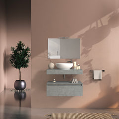 Mobile bagno sospeso 80 cm in legno color cemento chiaro, lavabo, specchio e faretto a led I Made in Italy