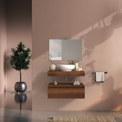 Mobile bagno sospeso 80 cm in legno color noce, lavabo, specchio e faretto a led I Made in Italy