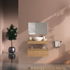 Mobile bagno sospeso 80 cm in legno color rovere americano, lavabo, specchio e faretto a led I Made in Italy