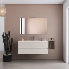 Mobile bagno sospeso 120 cm in legno color bianco frassino con lavabo, specchio e faretto a led I Made in Italy