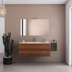 Mobile bagno sospeso 100 cm  in legno color noce con lavabo, specchio e faretto a led I Made in Italy
