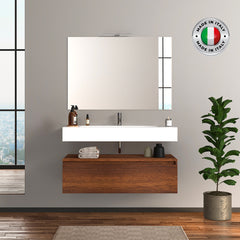 Mobile da bagno sospeso 120 cm in legno color noce con lavabo, specchio e faretto a led I Made in Italy