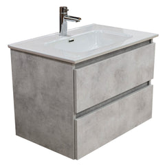 Mobile bagno sospeso 60 cm salvaspazio in legno color cemento chiaro con lavabo, specchio e faretto a led I Made in Italy