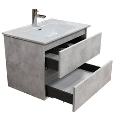 Mobile bagno sospeso 60 cm salvaspazio in legno color cemento chiaro con lavabo, specchio e faretto a led I Made in Italy