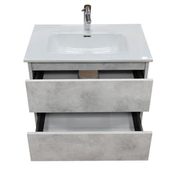 Mobile bagno sospeso 60 cm salvaspazio in legno color cemento chiaro con lavabo, specchio e faretto a led I Made in Italy