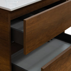 Mobile bagno sospeso 80 cm in legno color noce con lavabo, specchio e faretto a led I Made in Italy