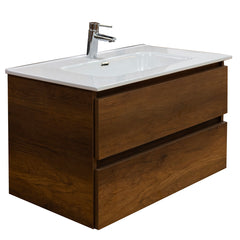 Mobile bagno sospeso 80 cm in legno color noce con lavabo, specchio e faretto a led I Made in Italy
