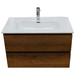 Mobile bagno sospeso 80 cm in legno color noce con lavabo, specchio e faretto a led I Made in Italy
