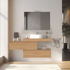 Mobile bagno sospeso sfalsato 100 cm in legno color rovere americano con 2 cassettoni, lavabo, specchio e faretto a led I Made in Italy