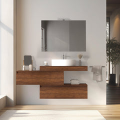 Mobile bagno sospeso sfalsato 100 cm in legno color noce con 2 cassettoni, lavabo, specchio e faretto a led I Made in Italy
