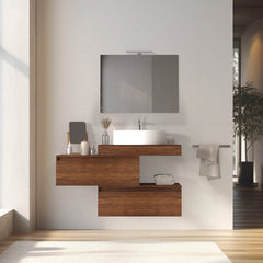 Mobile bagno sospeso sfalsato 80 cm in legno color noce con 2 cassettoni, lavabo, specchio e faretto a led I Made in Italy