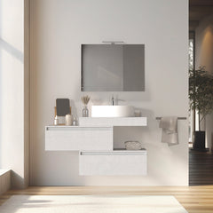 Mobile bagno sospeso sfalsato 80 cm in legno color bianco frassino con 2 cassettoni, lavabo, specchio e faretto a led I Made in Italy