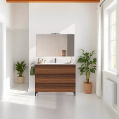 Mobile bagno a terra 120 cm in legno color noce con lavabo,specchio e led I Made in Italy