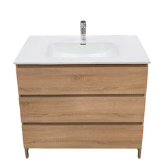 Mobile bagno a terra 100 cm in legno color rovere americano con lavabo,specchio e led I Made in Italy