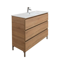 Mobile bagno a terra 100 cm in legno color rovere americano con lavabo,specchio e led I Made in Italy