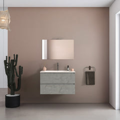 Mobile bagno sospeso 60 cm salvaspazio in legno color cemento chiaro con lavabo, specchio e faretto a led I Made in Italy