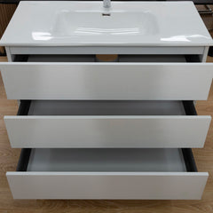 Mobile bagno a terra 80 cm in legno color bianco frassino con lavabo,specchio e led I Made in Italy