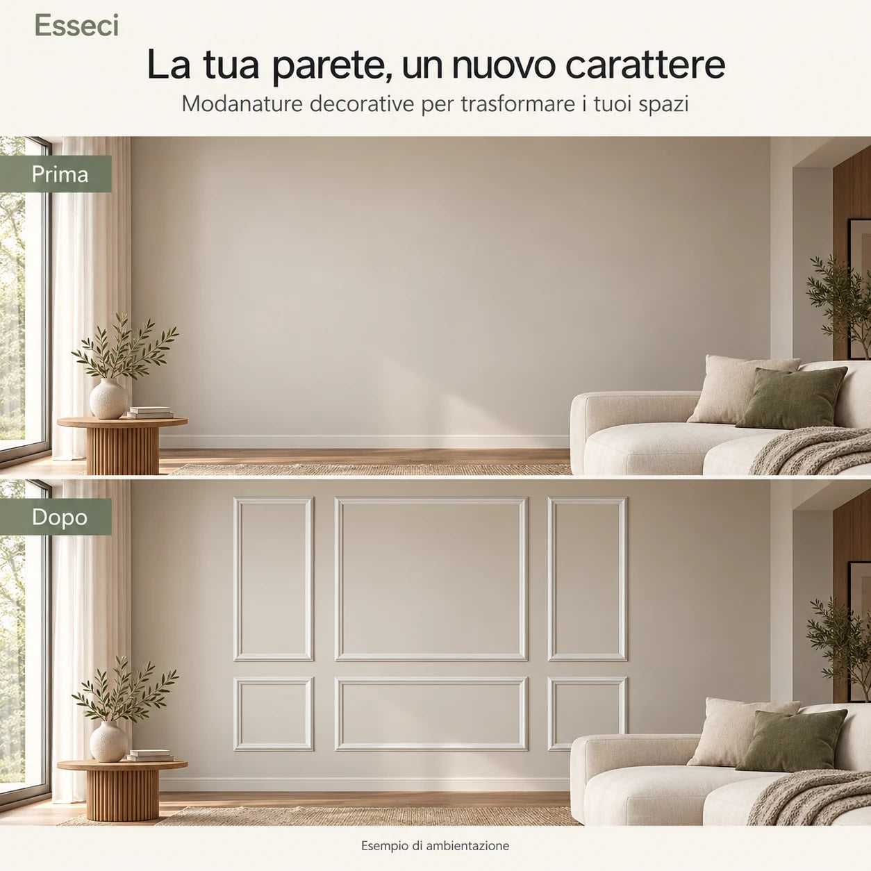 Parete prima e dopo la posa delle cornici decorative effetto boiserie.
