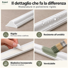 Caratteristiche delle cornici in polistirene bianco verniciabile con biadesivo sul retro.