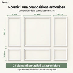 Misure delle sei cornici boiserie da assemblare con 24 elementi pretagliati.