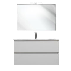 Mobile bagno sospeso 120 cm in legno color bianco frassino con lavabo, specchio e faretto a led I Made in Italy