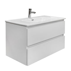 Mobile bagno sospeso 120 cm in legno color bianco frassino con lavabo, specchio e faretto a led I Made in Italy