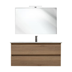 Mobile bagno sospeso 120 cm in legno color rovere americano con lavabo, specchio e faretto a led I Made in Italy