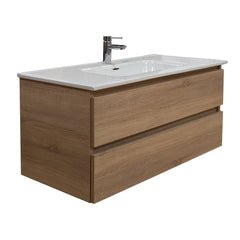 Mobile bagno sospeso 100 cm in legno color rovere americano con lavabo, specchio e faretto a led I Made in Italy