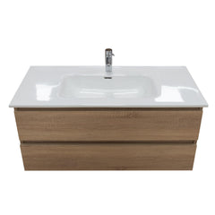 Mobile bagno sospeso 100 cm in legno color rovere americano con lavabo, specchio e faretto a led I Made in Italy