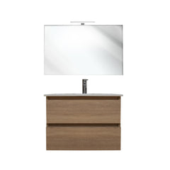 Mobile bagno sospeso 60 cm salvaspazio in legno color rovere americano con lavabo, specchio e faretto a led I Made in Italy